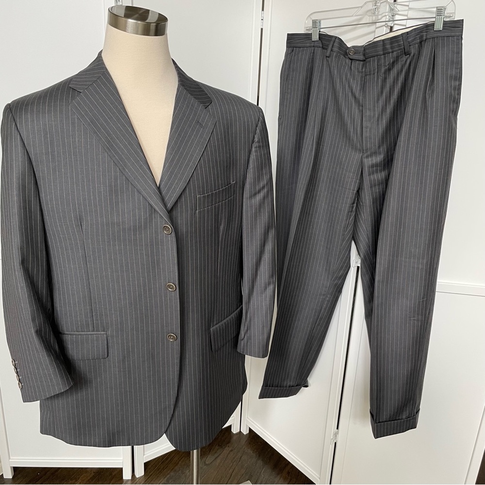 Roberto Zanieri Suit Tasmania Gray/Tan Stripe 46R Pleat Pants 36X28 Wool Italy